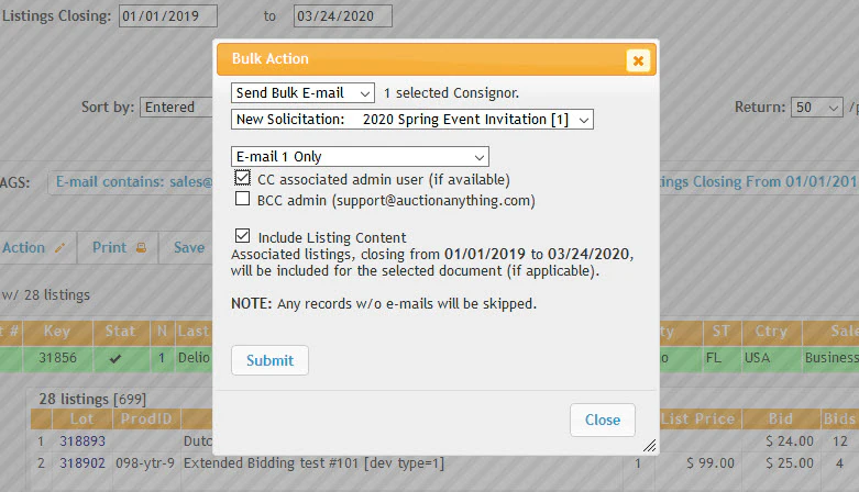 screenshot of Business Auctions